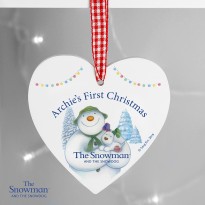 Personalised The Snowman and The Snowdog Wooden Heart Decoration Keepsake