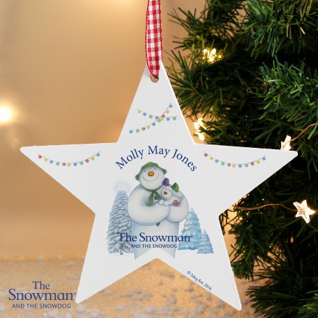 Personalised The Snowman and the Snowdog Wooden Star Decoration Keepsake