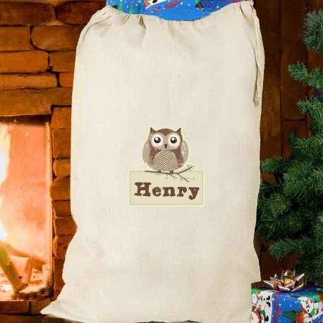 Personalised Woodland Owl Christmas Cotton Sack & Keepsake