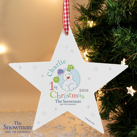 Personalised The Snowman and the Snowdog My 1st Christmas Blue Wooden Star Decoration & Keepsake