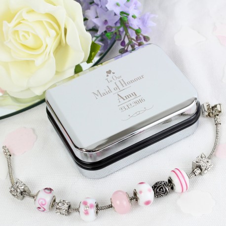 Personalised Decorative Wedding Maid of Honour Silver Box and Candy Pink 21cm Charm Bracelet