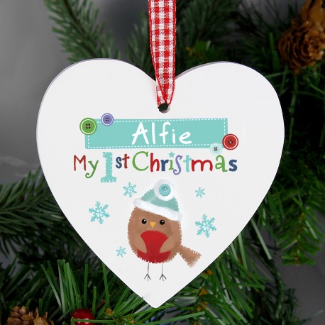 Personalised Felt Stitch Robin 'My 1st Christmas' Wooden Heart Decoration & Keepsake
