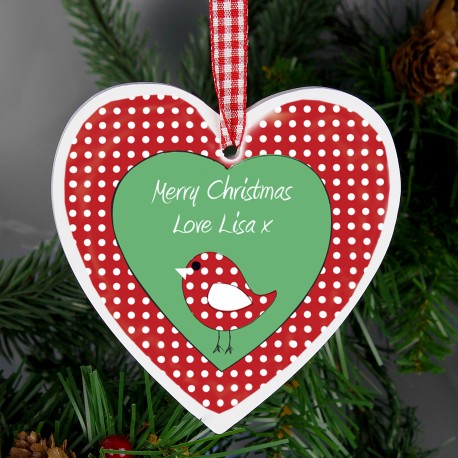 Personalised Christmas Bird Design Wooden Heart Shaped Decoration & Keepsake