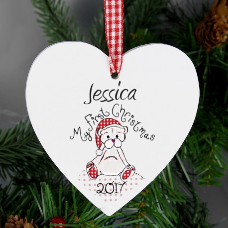 Personalised 1st Christmas Teddy Design Wooden Heart Shaped Decoration